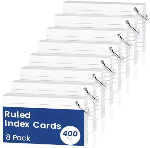 400 PCS Revision Cards A6（10.2x14CM） Flash Cards, Index Cards A6, White Ruled Flashcards, Flash Cards Revision with 8 Metal Binder Ring, Record Recipe Cue Cards for Office Home School