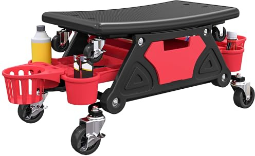 HOMCOM Sgabello da officina con rotelle sedile rimovibile, piano di appoggio, cassetto, altezza 33 cm Sgabello rotante caricabile fino a 135 kg Sgabello da lavoro Sedile rotante Sedile da officina