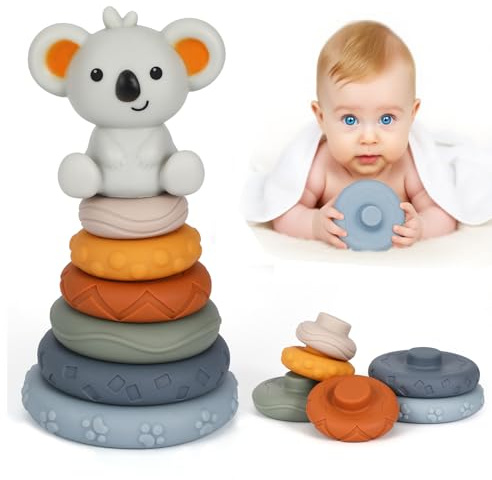 Aitsite 7 Stück Stapelspielzeug mit Ringen, Stapelturm Squeeze Zahnen Babyspielzeug mit Koala Früherziehung Spielzeug Geschenke für 6 12 18 Monate Baby Kleinkind Jungen Mädchen Montessori Spielzeug