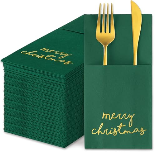 JarThenaAMCS 50 Pcs Christmas Linen Feel Napkin Green Gold Foil Disposable Airlaid Paper Napkin Prefolded Dinner Napkins with Built-in Flatware Pocket for Winter Holiday Party Supplies