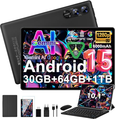 fezawio Android 15 Tablet 10 Pollici Gemini AI, Tablet PC Octa-Core, 30 GB RAM + 64 GB ROM (1TB TF), 3.5mm Audio/GMS/WiFi 6 & BT 5.0 / 6000mAh / GPS/Widevine L1,Tablets con Tastiera e Mouse-nero