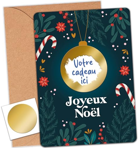 aliceandberry Carte à gratter personnalisable Noël - Cadeau non matériel - Carte cadeau surprise à offrir - Pastille autocollante à gratter + enveloppe incluse - Expérience magique (1 carte)