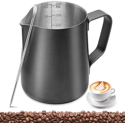 PLACHIDAY Milk Frothing Pitcher 350ml/12oz, Stainless Steel Milk Jug with Measurement Mark, Latte Art Pen, Black