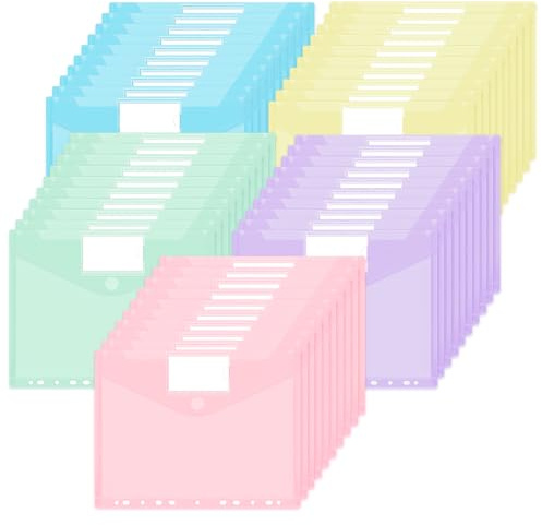 JEFURE Carpetas Plástico A4 50 PCS, Sobres Plastico A4 de 5 Colores Pastel, Carpeta Sobre con 11 Agujeros y Cierre a Presión, Carpeta transparentes con Bolsillos de Etiqueta para Documentos