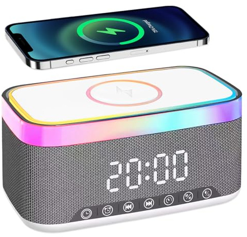 BORDEAG Digital väckarklocka med ljus och laddningsstation, 3-i-1 väckarklocka digital med Bluetooth-högtalare, 15 W trådlös laddare, dubbelt larm, 6 färger omgivningsljus