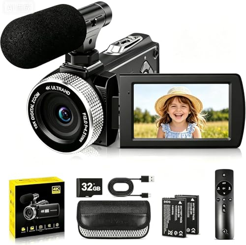 Cámara de Vídeo 4K Videocámara 48 MP con Enfoque Automático, Digitalzoom 18x, Pantalla Giratoria de 3.0'' y 270° Camara Vlogging para YouTube, Tarjeta de 32 GB, Micrófono, Control Remoto, 2 Baterías