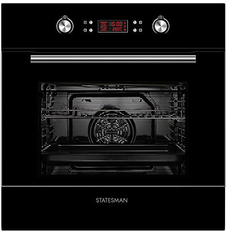 Statesman BSM60BL Built-In Multifunction Oven, 8 Cooking Functions, LED Display, 2 Oven Shelves, 1 Universal Pan, Removable Door, Easy Clean Enamel Interior, Black