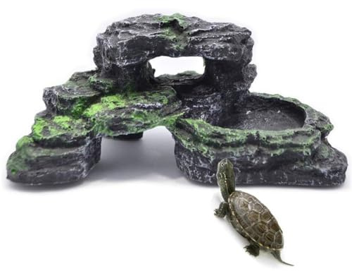 PINVNBY Reptile Hide Resin Turtles Dock for Aquarium (Size: 7.1 x 4.7 x 2.7 inches), Turtle Basking Platform for Small Size Snake Crested Gecko Lizard Frogs Newts