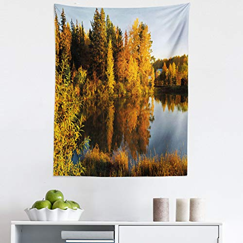 Ambesonne Fall Tapestry, Lake at Sunset Rays Autumnal Landscape Pond Woodland Outdoors Ecology Environment, Fabric Wall Hanging Decor for Bedroom Living Room Dorm, 23 X 28, Multicolor