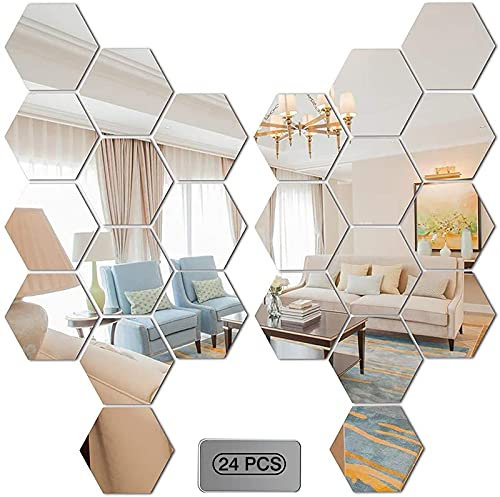 Runmeihe® 24Pcs Spiegelfliesen Selbstklebend Hexagon Spiegel Wandaufkleber Sechseckig Abnehmbare Kunst Kunststoff Fliesen Dekoration Geeignet Für Wohnzimmer, Bad, Schlafzimmer Wand DIY Dekor