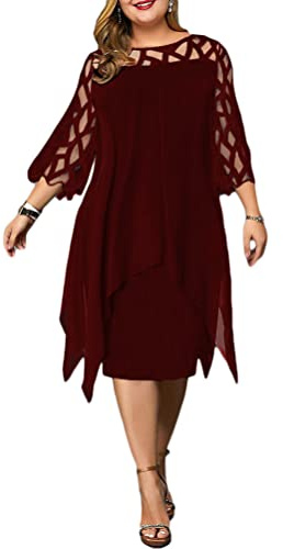 Mujer Mujer Elegante Midi Vestidos de Cóctel Cuello Redondo Manga 3/4 Tallas Grandes Fiesta Noche Vestido de Gasa D Vino Rojo XXL