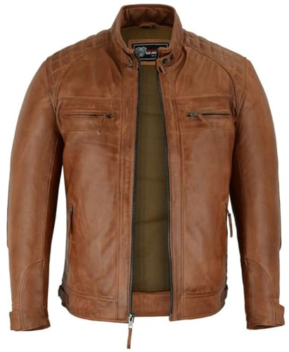 Vance Leather' Men's Cafe Racer Waxed Lambskin Austin Brown Motorcycle Leather Jacket (2X-Large, Austin Brown)