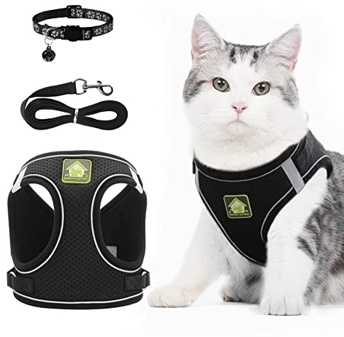 NeuWee Harnais Chat, Harnais pour Chat avec Laisse Gilet Réfléchissant avec Collier pour Chat, Collier Harnais et Laisses Sécurité Anti-évasion pour Chats et Chiots (M, Noir)