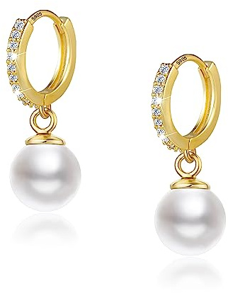 Orecchini a cerchio in argento 925, con ciondolo, perle, placcati in oro 14 carati, con perle d'acqua dolce da appendere, a goccia, piccole perle, orecchini a cerchio Glitz da donna e ragazza