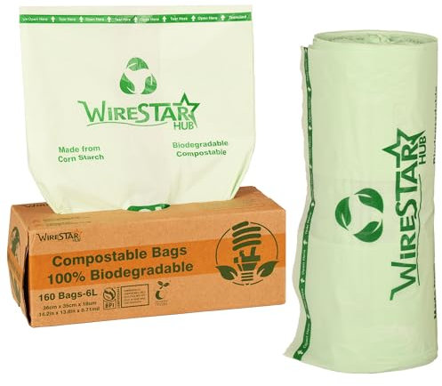 Wirestar Hub Lot de 6 à 160 sacs poubelle 100 % compostables et biodégradables – Sacs poubelle de cuisine avec certificat EN13432
