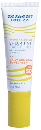 Seaweed Bath Co. Brighten & Protect Sheer Tint Face Fluid SPF 50 Zinc Oxide Sunscreen Lotion, 1.7 Oz., Tinted Mineral Facial Moisturizer Cream