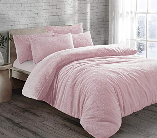 Brit House Teddy Bear Fur Sherpa Fleece Duvet Cover Set Pillowcases Bed Linen Super Soft Cosy Warm Winter Quilt Cover Bedding Set (Pink, Double)