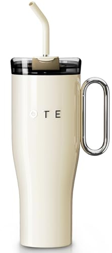 OTE Vaso de 40 oz con asa y tapa de pajita, Botella de agua reutilizable, Vaso sencillo y moderno de acero inoxidable aislado al vacío de doble pared para bebidas calientes/frías (Beige)