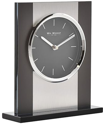WM. Widdop Black Glass and Brushed Aluminium Mantel Clock