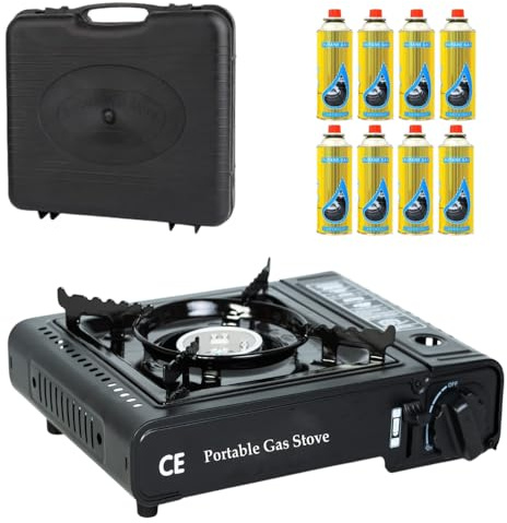 Camping Stove with Carry Case and 8 Butane Gas Canisters - Premium Portable Gas Stove EN417 Compliant With Heat Control, Piezo Ignition system- Camping Cooker For Outdoor Use, Picnic & Garden