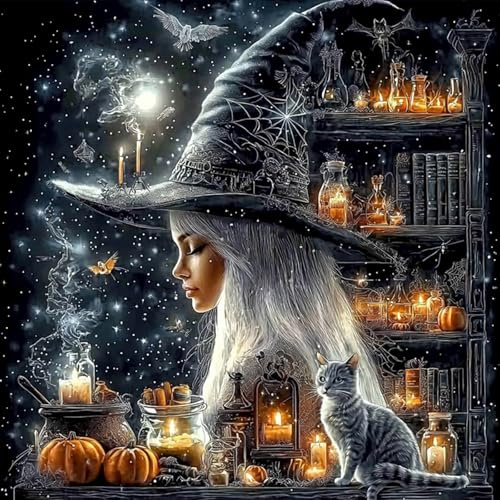 GHHKUD Kit de peinture diamant sorcière d'Halloween pour adultes, kits d'art diamant 5D pour adultes débutants, à faire soi-même, peinture diamant point sur toile, images pour décoration murale, 30 x