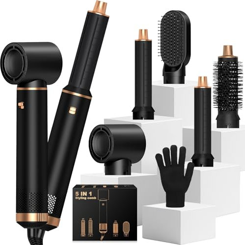 LADYSONS 5 in 1 Hairstyler, Airstyler Set mit Warmluftbürste, Rundbürstenföhn, Lockenstab Automatisch, Haartrockner, Haarglätter Bürste für Haar Volumen, Glätten,Locken und Föhnen, Schwarz