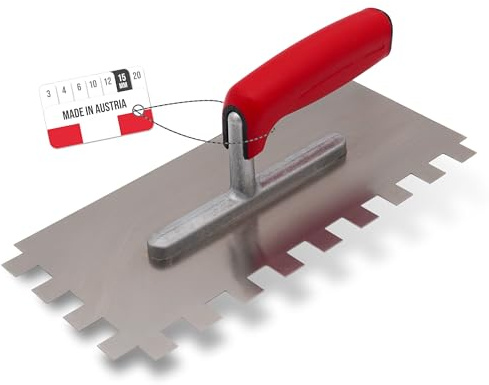 WERKFIT Profi Zahnkelle aus Edelstahl 15 mm - Glättekelle gezahnt Rostfrei - Zahnspachtel mit Softgriff - Traufel Hergestellt in Österreich 280x130mm (15x15mm)