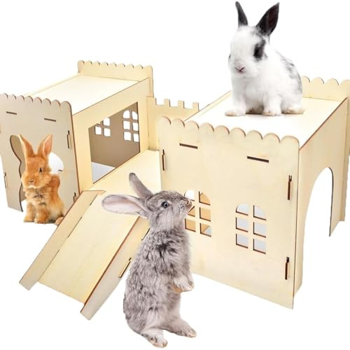 Castillo de madera para conejos, con escaleras en forma de cueva, hábitats robustos para interior y exterior, cabaña para jerbos, nido de conejo de madera, escondite para hámster, casa de juegos con