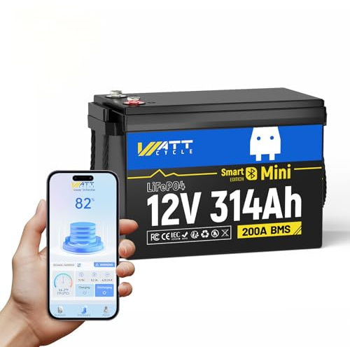 Wattcycle 12V 314AH LiFePO4 Lithium Batterie Mini, 4019Wh Bluetooth Batterie, 200A BMS mit Niedrigtemperaturschutz, Max. 15.000 Ladezyklen für 10 Jahre, ideal für Wohnmobile, Solaranlagen, Boote