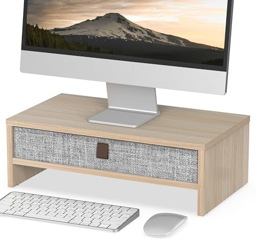 Fenge Soporte de Monitor con cajón, Computer Monitor Stand Para Escritorio, Organizador de Escritorio para PC / Ordenador Portátil / Impresora, 42.5 × 23.5 × 14.2cm,Carga de 20 kg, (Roble)