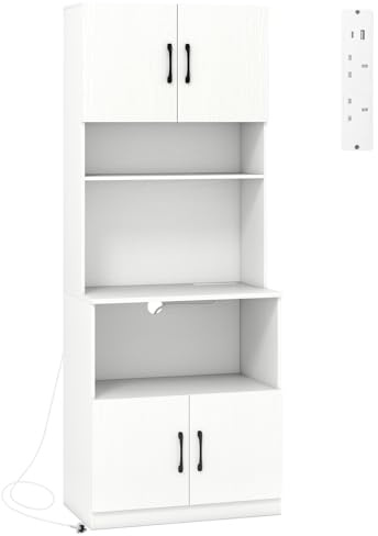 TANGZON Tall Kitchen Cupboard, 4 Door Wooden Storage Sideboard with Power Outlets, Adjustable Shelves & Anti-tipping Kits, Freestanding Pantry Cabinet for Dining Living Room (3 Open Shelves)