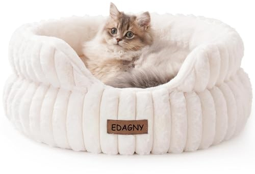EDAGNY Elegant Lit pour Chat Rond, calmant Petit lit pour Chien Lavable, Creme S