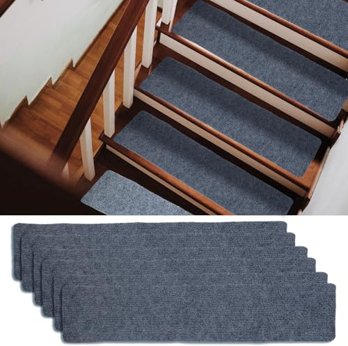 Oungy 15 Pcs Non Slip Stair Treads, 20 x 76cm Stair Carpet Treads, Peel and Stick Stair Tread Self-Adhesive Carpet Stair Mats for Pets Elders - Dark Grey
