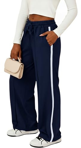 Fisoew Pantalones de chándal para mujer Pantalones holgados a rayas con cintura elástica y bolsillos laterales con cordón Pantalones deportivos de colores contrastantes Pantalones casuales