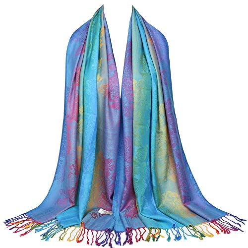 Neelamvar Colorful flowers Jacquard cotton pashmina Women Wrap Shawl tassels Scarves, Thm08-02, Large