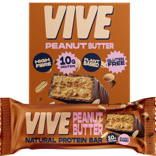 Vive Vegan Protein Peanut Butter Bar - 100% Plant Based High Protein - Natural Sugar Chocolate Coated Snack - Pack of 12
