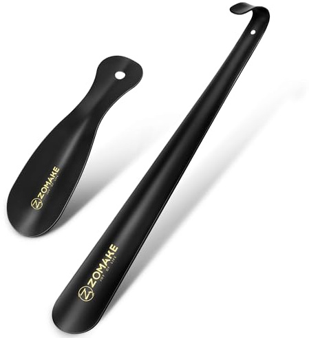 ZOMAKE Metal Shoe Horn Long Handled for Seniors 16.5 inch, 7.5 inch Stainless Steel Small Shoe horns with Hook for Boots(Black, Pack of 2)