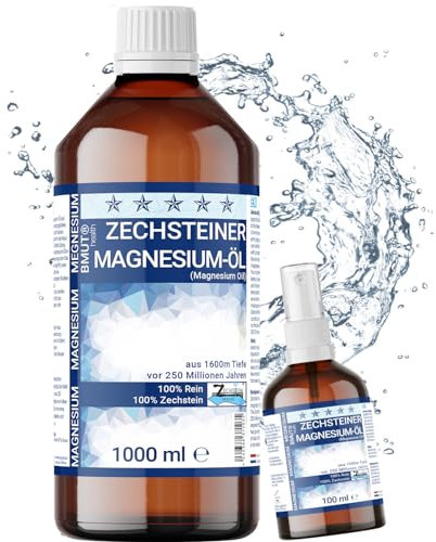 1000ml Magnesiumöl + 100ml Spray Premium Set | 100% Zechstein | Für Haut Massage Sport & Muskel Entspannung | Sprühflasche Magnesium-Öl
