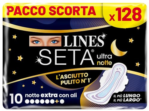 LINES SETA ULTRA EXTRA NOTTE con ali, Pacco scorta da 128 assorbenti per ciclo mestruale, extra protezione per la notte fino a 12 ore, zero odori, Ipoallergenico, cuore lines super assorbente