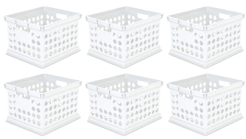 Sterilite Stackable Plastic Storage Crate Bin Organizer File Box with Handles for Home, Office, Dorm, Garage, or Utility Organization, White, 6-Pack
