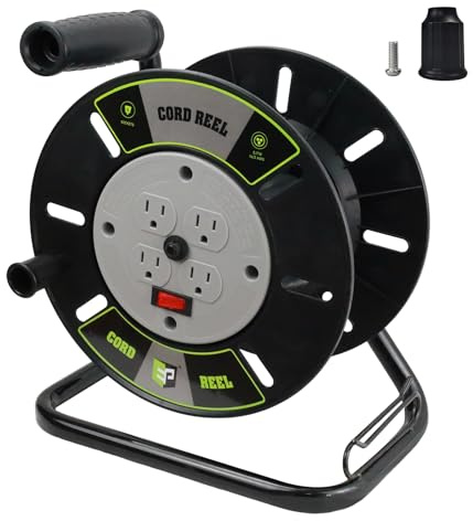 EP Extension Cord Storage Reel with 4-Grounded Outlets, Heavy Duty Open Cord Reel for 12/3 14/3 16/3 Power Cords, Portable Empty Hand Crank Electric Cord Roller Holder, GY