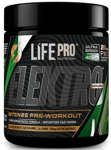 Life Pro Pre entreno Pre workout Elektro 400g, Pre entreno fuerte con Beta Alanina, 8g Citrulina, Taurina y Bioperine para máxima absorción, Mejora el rendimiento y resistencia, Ideal para atletas