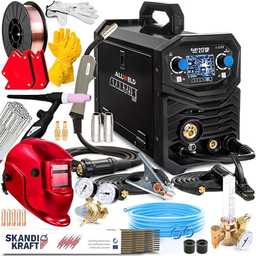Spartus EasyMIG 217 LCD Dual Pulse - Saldatrice a Filo Continuo con Gas da 200 A - Doppio Pulsato e Sinergia - MIG/MAG, MMA, TIG Lift, Filo Animato - Induttanza, Saldobrasatura - Set Professional