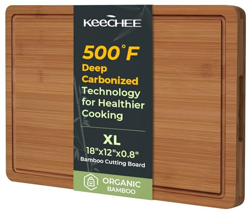 Keechee Charcuterie Board Carbonized Bamboo XL With Built-In Handles & Deep Juice Groove For Gourmet Chefs – XL (18x12) – Ideal For Meat & Cheese