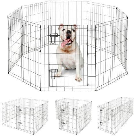 BOWHAUS Foldable Outdoor/Indoor Pet Playpen with Gate, Available in 30 Inch Height Metal Portable Kennel, Heavy-Duty Exercise Fence Cage 8 Panels for Medium Dog, Animals