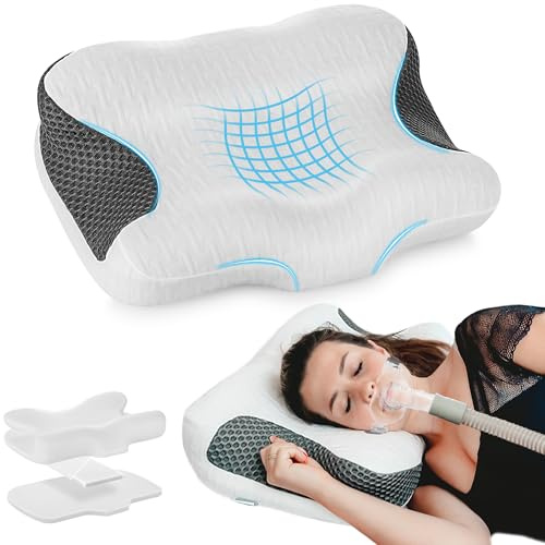 Elviros Oreiller Cervical CPAP, Oreiller Ergonomique Mémoire Forme Hauteur Et Fermeté Réglables, Compatible avec Divers Masques CPAP, Réduit Pression Et Fuites D’Air, pour Dormir Côté Ou Dos