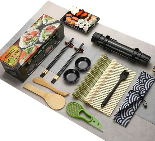 Kit complet de fabrication de sushis pour débutants et professionnels, accessoires de cuisine parfaits pour faire des sushis comme un couteau à sushi, 2 tapis à sushi, le bazooka de riz, une assiette