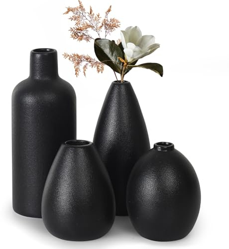 Omtofo - Vaso Nero, Set di 4 Vasi in Ceramica per Decorazione con Fiori Freschi, Erba delle Pampas, Fiori Secchi, Idee per Casa, Soggiorno, Camera da Letto, Ufficio, Mensola, Libreria, Tavolo, Camino