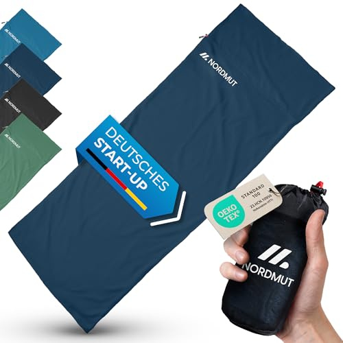 NORDMUT® Sacco a Pelo Ultralight in Microfibra o Cotone – Sacco da Viaggio Traspirante, Piccole Dimensioni e Extra Morbido, con Scomparto per Cuscino (Blu navy, Poliestere)