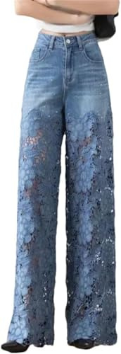 Jeans Patchwork en Dentelle à Coutures Amples et décontractés pour Femmes Jeans décontractés Push-up Skinny avec Poches Jeans évasés brodés